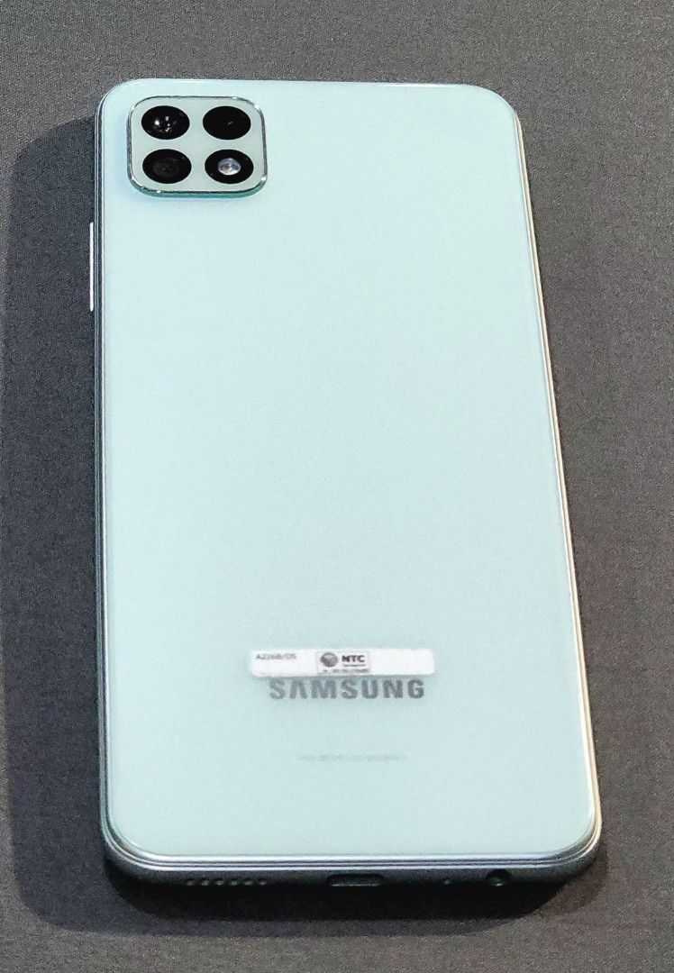 Samsung A22 5g 128gb (Category: Samsung) located in Manila. Submitted by binbot (Listing ID 1382551405, Image 2). Description: Open line phone is in very good condition. Earphones and cable have not been used. Attached screen protector has chipped corner but adding a brand new screen protector for you to change. Comes with 2 new phone cases and 1 used Totoro phone case. RFS is upgrading to a phone that supports esim..