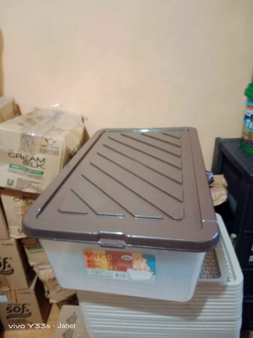 Underbed storage box transparent 50Liters (Category: Storage Boxes & Baskets) located in Caloocan City. Submitted by janeil23452 (Listing ID 1382592996, Image 2). Description: 240 each size: l-26 h-8.5 w-15 inches pick up / lalamove delivery.