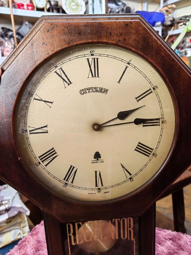 Vintage Wall Clock Swinging Pendulum Brand: Citizen (Category: Clocks) located in Cebu City. Submitted by dudes_villanueva (Listing ID 1382503561, Image 2). Description: Wall Clock Swinging Pendulum Brand: Citizen -Good Working Condition -Type C Battery Operated -No Chime Design -Pendulum Working. Does not affect time movement for aesthetics only -Removable Back cover to access pendulum and time. Adjustment -Wood Body and Glass cover -Roman Numer