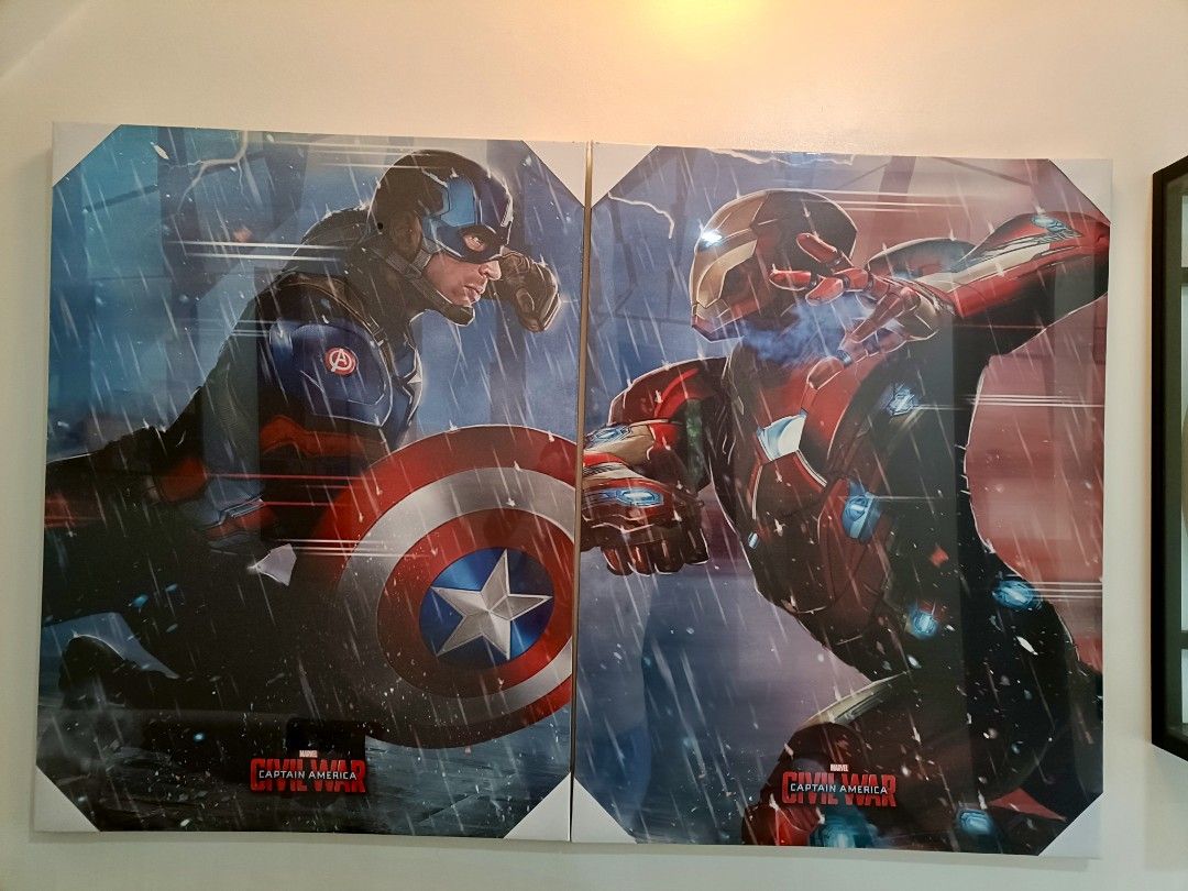 Wall Decor Avengers Civil War (Category: Western Merchandise) located in Quezon City. Submitted by allthingsnation (Listing ID 1382544703, Image 1). Description: Canvas Wall Decor 🇺🇸🌟 Avengers Civil War naka Plastic pa po Captain America & Iron Man size : 32 inch X 24 inch 2 Pcs. Pair Super Nice 🔥♥️👍🔥👍 shipping : lalamove.