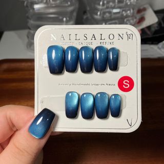 純貓眼 黑底藍 純手工穿戴甲 美甲假甲片 s碼 新中方 cat eye wearing press on nail64230511138435110