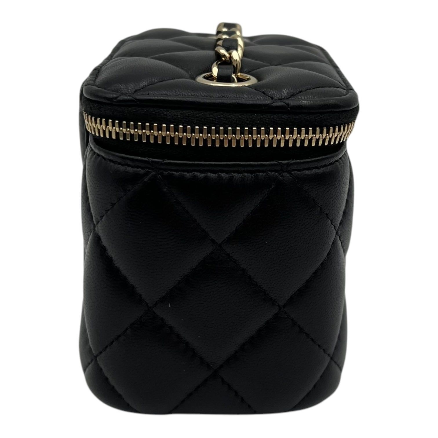 Chanel Vanity Crossbody Bag Black in Lambskin, Gold hardware (Category: Bags & Wallets) located in Singapore. Submitted by carousellluxury (Listing ID 1365538509, Image 3). Description: SKU S2504-005689CH Material Lambskin Color Black Hardware Gold Strap Included, detachable Dimension (L)10cm x (H)8cm x (W)7cm Accessories Authentication Card, Care Card, Dust Bag, Original Box, Series 30586168 Circa Est 2020 Microchipped FALSE - Surface: Faint cre