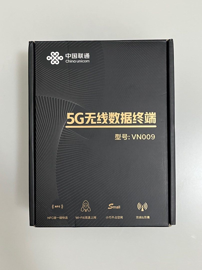 China Unicom 5G CPE VN009 (Category: Networking) located in General Trias. Submitted by kdoutlet (Listing ID 1382827218, Image 1). Description: Specifications: * Product type: 5G WiFi router * 5G Dual-mode: NSA and SA * Support 5G Band: nl/n8/n41/n78 * Support 4G LTE-TDD and FDD bands:B1/B3/B5/B8 * 5G download rates up to 2Gbps,Up rates up to lGbps. * WiFi 802.11a/b/g/n/ac/ax *One RJ45 1000M LAN port.