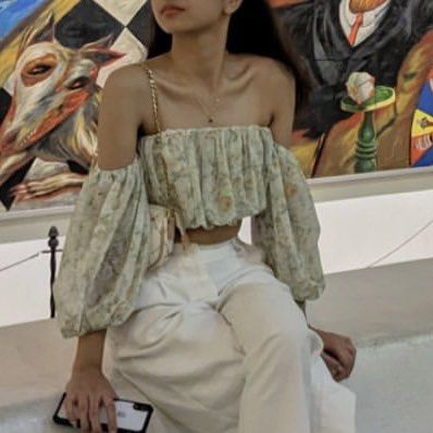cottagecore chiffon off shoulder top (Category: Blouses) located in Manila. Submitted by declutterbyaira (Listing ID 1382757169, Image 1). Description: - used once - stretchable - rfs: decluttering / i dont see myself wearing it anymore - bought it from 🍊 app .
