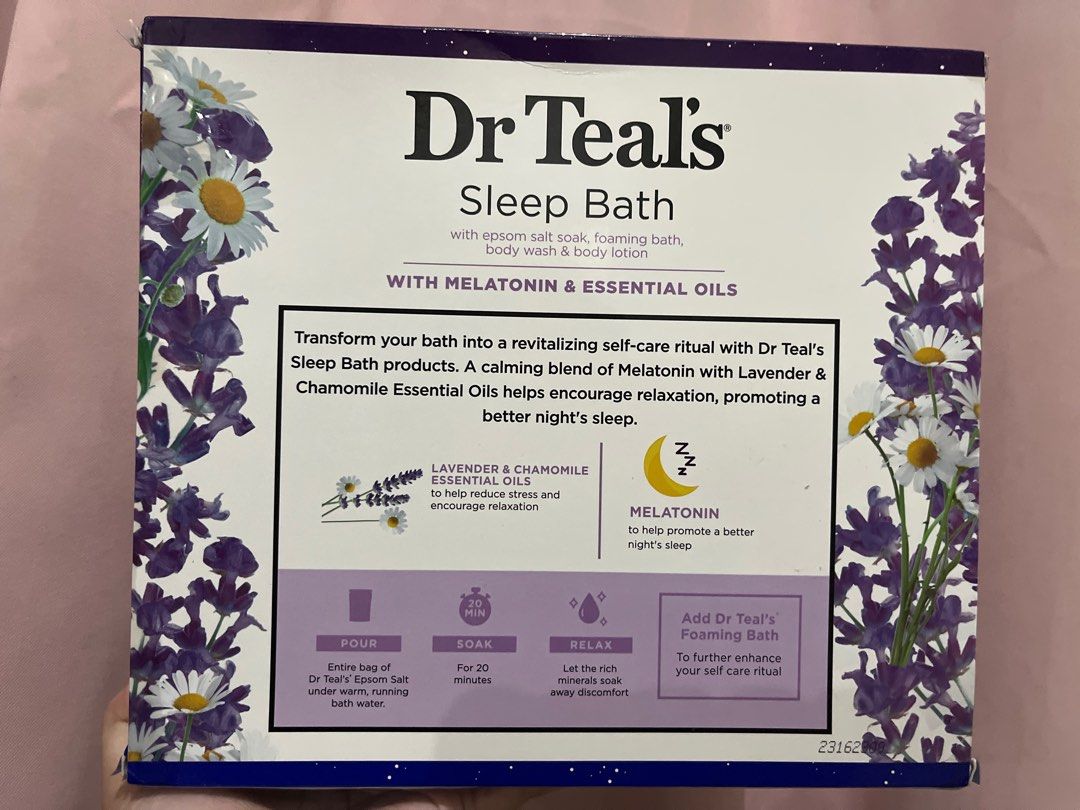DR TEAL’S SLEEP BATH LAVENDER & CHAMOMILE SET (Category: Bath) located in Makati City. Submitted by craftymondayfrags (Listing ID 1382803602, Image 2). Description: WITH MELATONIN & ESSENTIAL OIL Epsom Salt Soak 312g Foaming Bath 88ml Body Wash 88ml Body Lotion 28g.