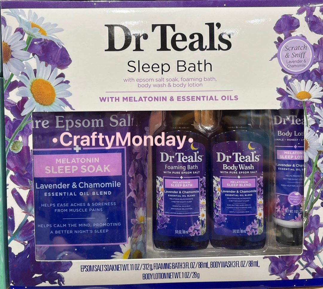 DR TEAL’S SLEEP BATH LAVENDER & CHAMOMILE SET (Category: Bath) located in Makati City. Submitted by craftymondayfrags (Listing ID 1382803602, Image 1). Description: WITH MELATONIN & ESSENTIAL OIL Epsom Salt Soak 312g Foaming Bath 88ml Body Wash 88ml Body Lotion 28g.