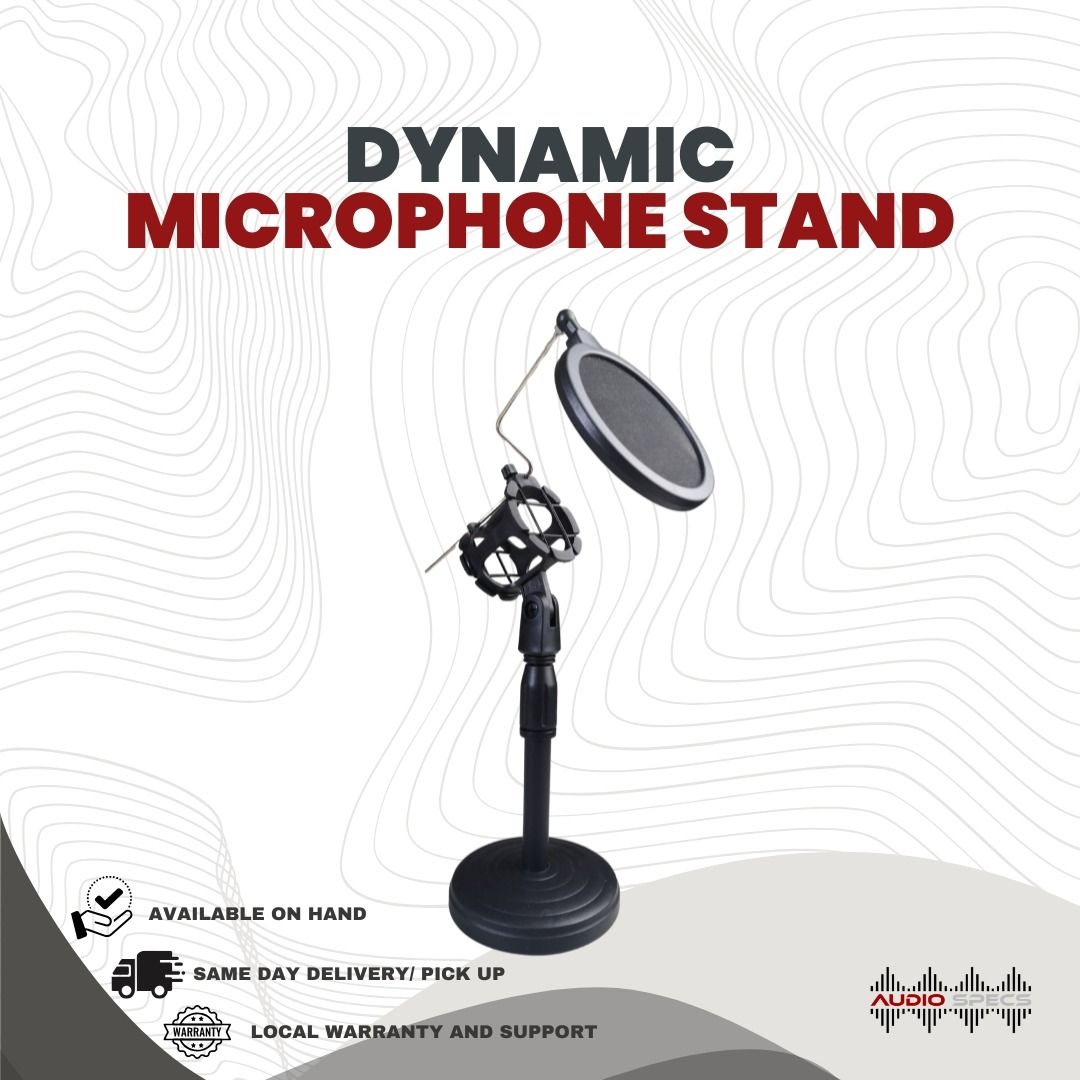 Dynamic Mic Stand (Category: Portable Audio Accessories) located in Quezon City. Submitted by allanpauco (Listing ID 1105823133, Image 1). Description: Suitable for dynamic microphone: Microphone clip with anti-slip and fixed function for all handheld microphones. Convenient to carry, a versatile professional mic stands for desktop application, suitable for singing, screencasts, studio, podcasts, video chats, meetings, lectures, broadcasts, live 