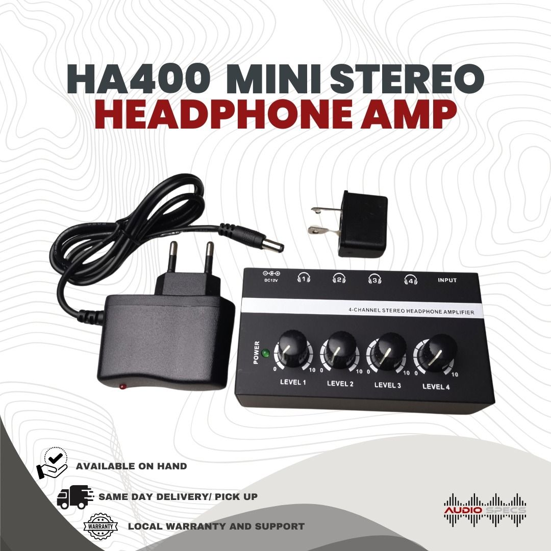 HA400 Ultra-compact 4 Channels Mini Stereo Headphone Amplifier (Category: Soundbars, Speakers & Amplifiers) located in Quezon City. Submitted by allanpauco (Listing ID 1214759815, Image 1). Description: HA400 Ultra-compact 4 Channels Mini Stereo Headphone Amplifier Brand new units available on hand Available for pick-up or shipping courtesy of buyer P 1450 HA400 Ultra-compact 4 Channels Mini Audio Stereo Headphone Amplifier with Power Adapter Fea