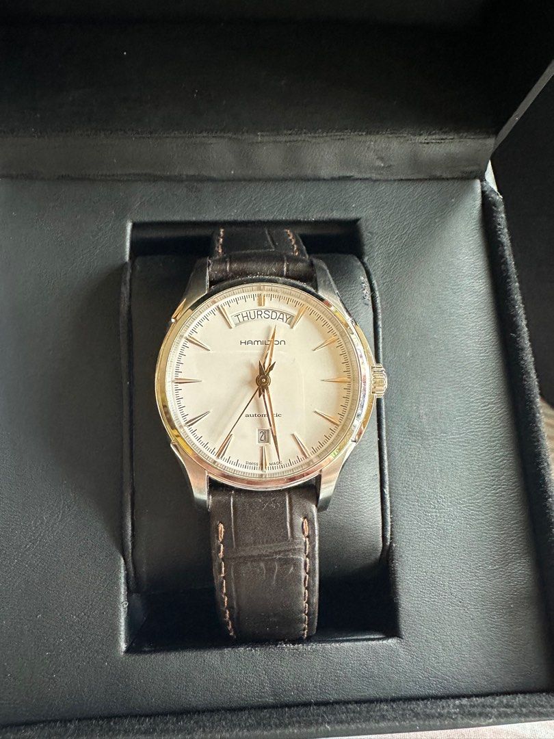 Hamilton Jazzmaster Automatic watch (Category: Men's Watches) located in Cainta. Submitted by kath_pl (Listing ID 1382740704, Image 2). Description: HAMILTON JAZZMASTER -Automatic DayDate - Stainless Steel - Brown Leather Strap -42mm case width - See thru case back - Swiss Made.