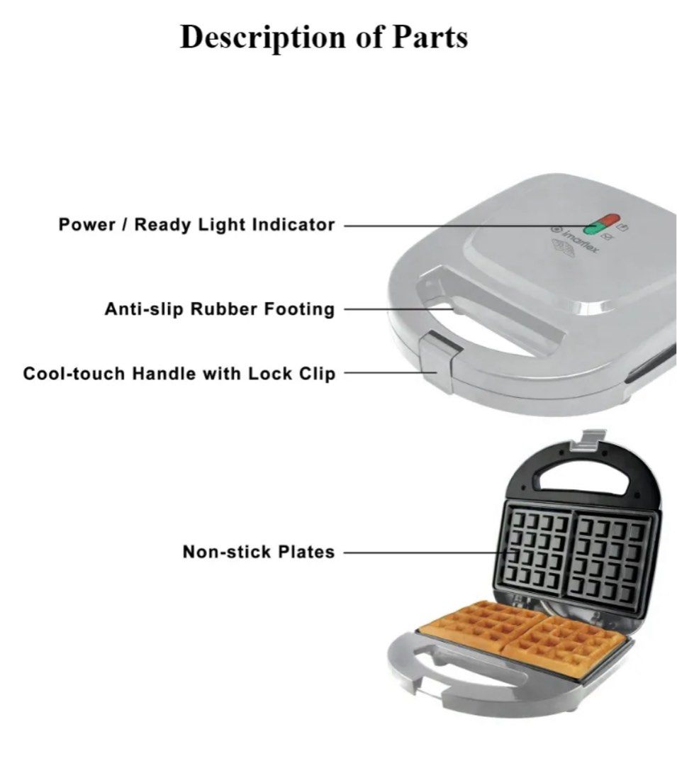 IMARFLEX WAFFLE MAKER (Category: Breadmakers) located in Caloocan City. Submitted by ohhhymyjieee (Listing ID 1382740140, Image 3). Description: SALE ‼️ SALE ‼️ SALE ‼️ IMARFLEX WAFFLE MAKER • Space Saver Design • 2-slice Non-stick Plate • Anti-Slip Rubber Footing • Cool touch Handle with Lock Clip • 650 watts • 250volts.