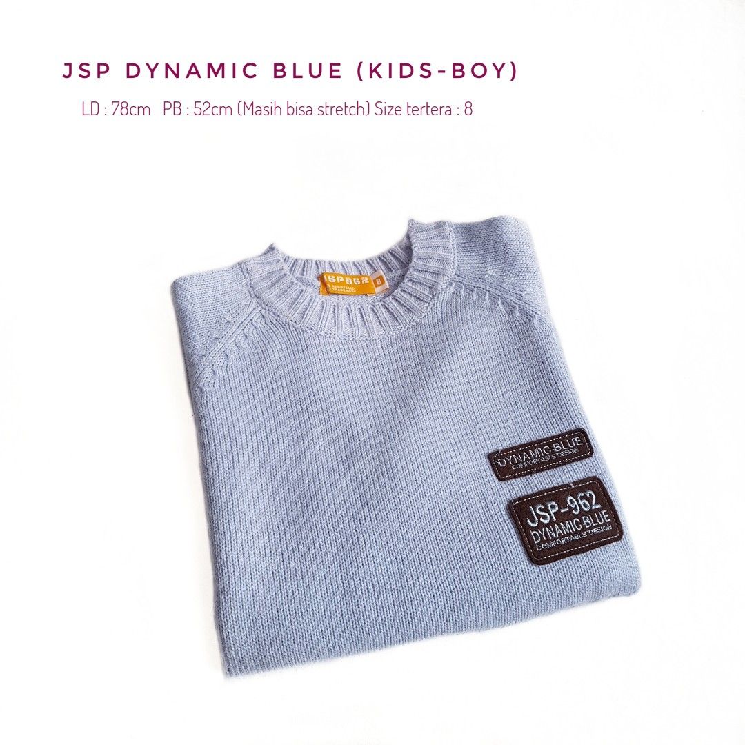 JSP DYNAMIC BLUE (KIDS-BOY) (Kategori: 8 hingga 12 tahun) berada di Bandung. Dikirim oleh averythingshop (ID iklan 1382692132, Gambar 1). Deskripsi: JSP DYNAMIC BLUE KNIT For : KIDS-BOY LD : 78 cm PB : 52 cm (masih bisa stretch) * LD (Lingkar Dada) PB (Panjang Baju) * Size Tertera = 8 * Long sleeve, Material Soft * Warna : Blue * Produk Never Been Used/NEW * Warna bisa berbeda dengan gambar dikarenakan efek pencahayaan. * 📷 by Averythingshop INF