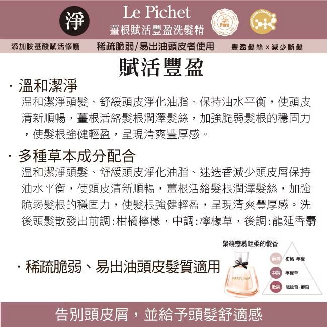 由 hahawu13 (刊登 ID 1382749737，圖片 3) 提交，位於 新北市 (New Taipei) 的 LEPICHET髮職人薑根賦活豐盈洗髮精500ml 無矽靈洗髮精 抗屑止癢控油洗髮精 (類別：個人清潔保養)，說明：***超商取貨限重，最多一筆7罐喔，謝謝*** 專為頭皮添加植物植醇成分結薑根、迷迭香、蘆薈、咖啡因、油菜籽植物甾純、OPT、摩洛哥堅果油、維他命B3、維他命B5、胺基酸。 溫和潔淨頭髮滋養髮根和舒緩頭皮淨化油脂減少頭皮屑並防止頭皮的汗異味咖啡因可抗氧化強健髮根蘆薈能改善敏感頭皮OPT可抗屑止癢改善乾燥、加強對頭髮的保護力使用後使頭髮呈現豐厚感。 適用對象適合稀疏脆弱、易出油頭皮髮質使用。薑根: 滋養髮根使頭髮豐盈 迷迭香: 減少頭皮屑滋養毛囊 咖啡因: 抗氧化、強健髮根 蘆薈: 改善敏感頭皮減少頭皮屑問題防止頭髮斷裂 摩洛哥堅果油: 改善乾燥、加強對頭髮的保護力 OPT: 抗屑止癢 本產品屬於私人消耗性產品一經拆封或使用、或有無法恢復原狀、商品外盒損壞等