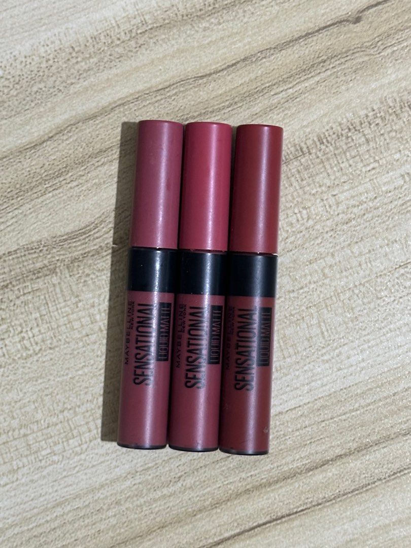 Maybelline Sensational Liquid Matte Lip Tint (Category: Makeup) located in Las Pinas. Submitted by aleln (Listing ID 1382784966, Image 1). Description: ₱150 each ₱280 for 2 SHADES: 06 SOLD 08 11 -Still full -Barely used RFS: Decluttering .