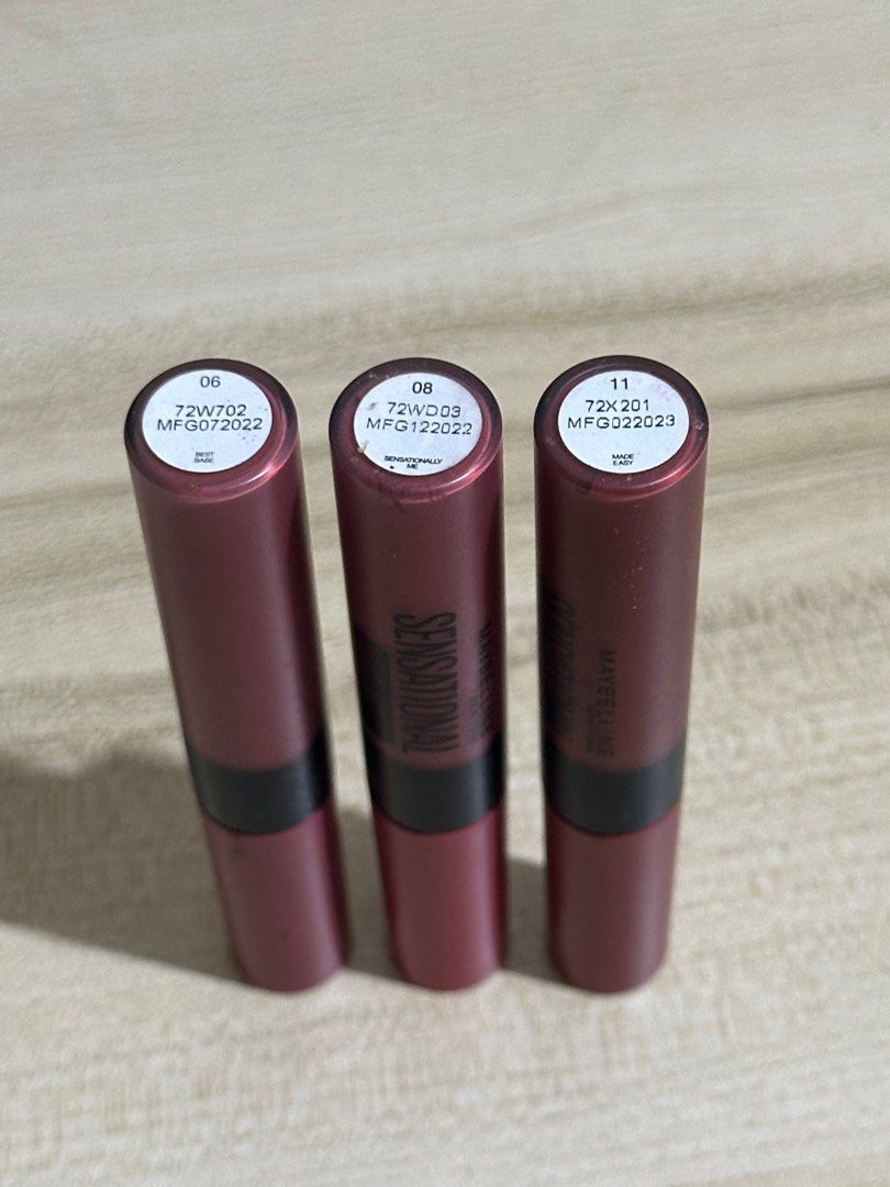 Maybelline Sensational Liquid Matte Lip Tint (Category: Makeup) located in Las Pinas. Submitted by aleln (Listing ID 1382784966, Image 2). Description: ₱150 each ₱280 for 2 SHADES: 06 SOLD 08 11 -Still full -Barely used RFS: Decluttering .