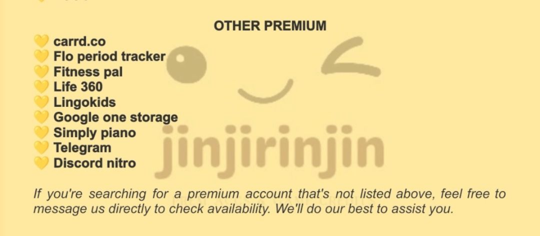Premium Accounts (Category: Entertainment Systems & Smart Home Devices) located in Pasig City. Submitted by ta.ccc (Listing ID 1382865089, Image 3). Description: Hello, we're selling premium accs. Please dm us on facebook (@jinjirinjin) Price range: ₱10-above!.
