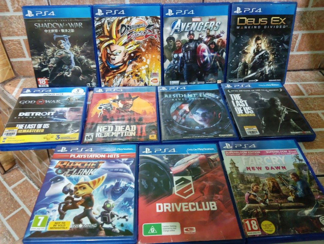 PS4 games for sale (Category: PlayStation) located in Caloocan City. Submitted by jbfuenzalida27 (Listing ID 1382820807, Image 1). Description: PS4 games for sale shadow of mordor- 500 deux ex mankind-400 drive club -400 ratchet and clank-400 dragonball fighter z-600 resident evil revelations-500 god of war and detroit (2 Disc)- 700 red dead redemption 2- 950 the last of us-500 farcry new dawn-500 avengers- 600 Meetup : C3 caloocan or pick up.
