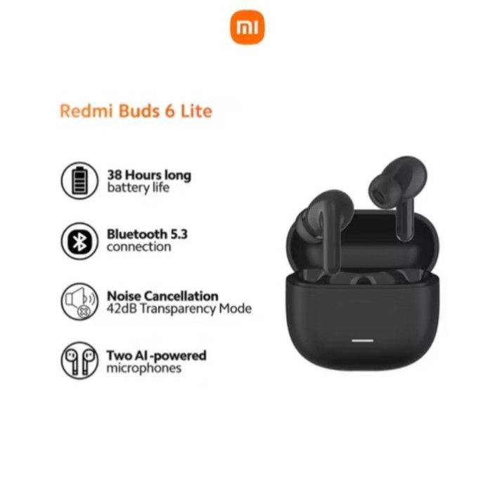 Redmi Buds 6 Lite (Category: Earphones) located in Makati City. Submitted by cj_onlineshop.ph (Listing ID 1382755773, Image 1). Description: Specification: Bluetooth Version: Bluetooth 5.3 Material: ABS Noise Sensitivity: 98dB Impedance: 16Ω Noise Reduction: 40dB Hybrid Active Noise Cancellation Voice Control Support: Yes Water/Dust Resistance: TBD Battery: 45mAh (earbuds) 480mAh (case) Charging: <2hrs charging Type C Operating Time: Up to 7hrs h