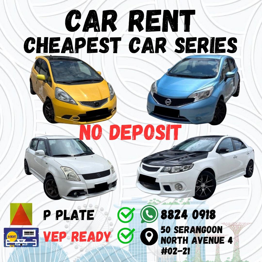 SMALL CAR SERIES!!! CHEAP CAR RENTAL!!! P PLATE MALAYSIA WELCOME !!! (Category: Car Rental) located in Singapore. Submitted by ezcarrent (Listing ID 1279796070, Image 1). Description: HONDA FIT & SUZUKI SWIFT & NISSAN NOTE 🙅‍♂️ NO DEPOSIT ✅ P PLATE WELCOMED ✅ MALAYSIA WELCOMED 🚗 VEHICLE FEATURE ✅ IN-BUILT BLUETOOTH READY MONITOR 💰💰💰 ❗️WEEKDAY RATE : $70 (MON - THUR) ❗️WEEKEND RATE : $280 (FRI - MON) ❗️WEEKLY RATE : $550 (LONG TERM AVAILABLE 