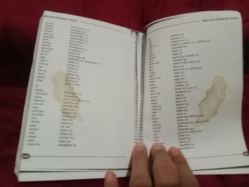 Spanish Verbs Dictionary (Category: Textbooks) located in Manila. Submitted by thezeeshop (Listing ID 1382621765, Image 3). Description: Has stains Pages complete 💳 GCash / Cash 🚚 Lalamove / QuickTime Courier / LBC COP/ pickup 📍 Meetup: LRT Quirino Station ❌COD and other checkouts Reminders: ◾If in doubt, don't make an offer. Let's not waste each other's time. ◾Sure buyers ONLY. Wag magmessage tapos di magrereply/seen lang pagkatapos..