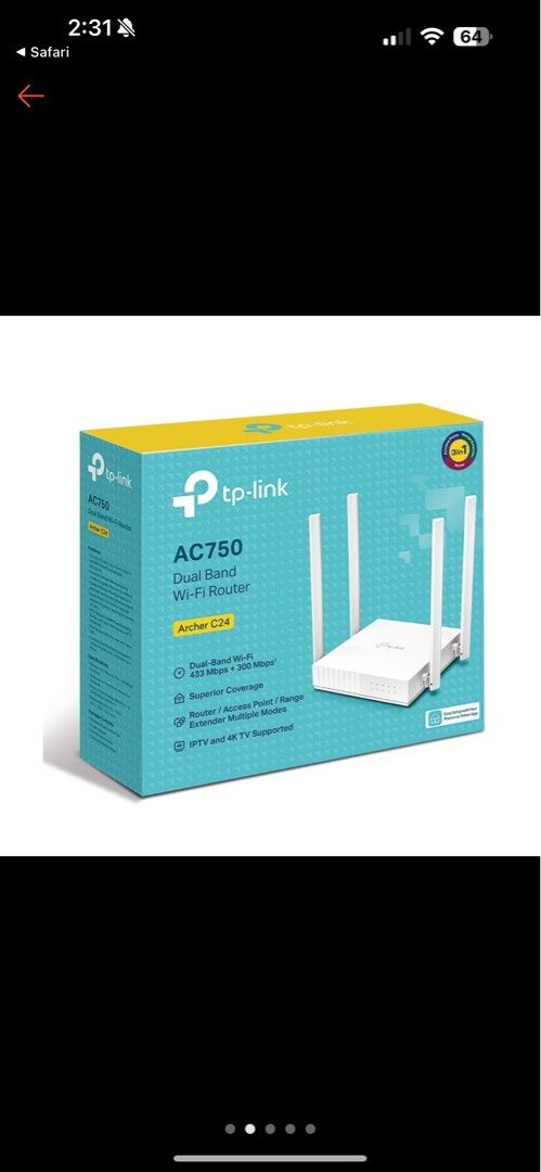 由 gqzmbbg24x (刊登 ID 1382747592，圖片 1) 提交，位於 台北市 (Taipei) 的 TP-Link Archer C24 AC750 3年保 雙頻 Wi-Fi無線網路路由器 wifi分享器 (類別：Wifi及上網相關產品)，說明：網路擴增器，訊號不衰減，交屋建商贈送 全新 未拆，詐騙太多 儘量雙北、龜山 面交為主（當下可確認貨況再付款）。