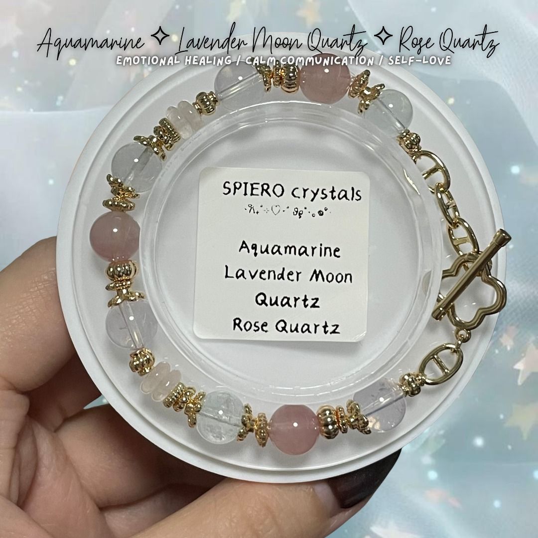 🔥 SALE — Aquamarine, Lavender Moon Quartz & Rose Quartz Bracelet | Gentle Harmony (Elastic OT Clasp Chain, Gold Hardware) (Category: Bracelets) located in Singapore. Submitted by puhtatoemart (Listing ID 1383044015, Image 2). Description: ✨ For emotional healing, calm communication, and self-love. .