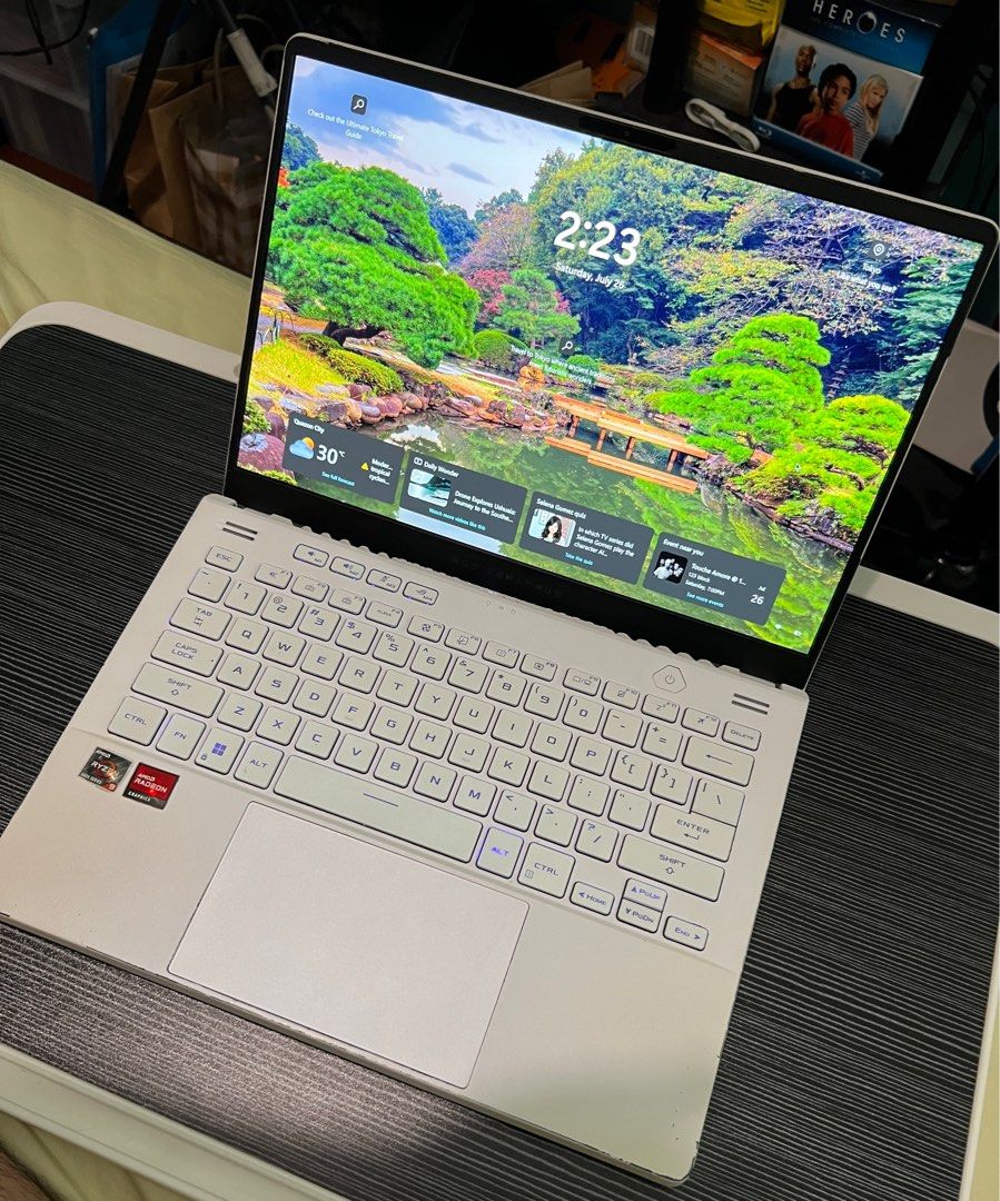 ASUS ROG Zephyrus G14 GA402RJ 2022 (Category: Laptops & Notebooks) located in Quezon City. Submitted by libanganstreet (Listing ID 1382935658, Image 1). Description: PROCESSOR: AMD Ryzen™ 7 6900HS DISPLAY: 14” QHD+ 16:10 (2560 x 1600, WQXGA) MEMORY: 8GB DDR5 + 8GB DDR5-4800 SO-DIMM STORAGE: 1TB PCIe® 4.0 NVMe™ M.2 SSD GPU: AMD Radeon™ RX 6700S OS: Windows 11 Home COLOR: Moonlight White Condition: See pics, as is.