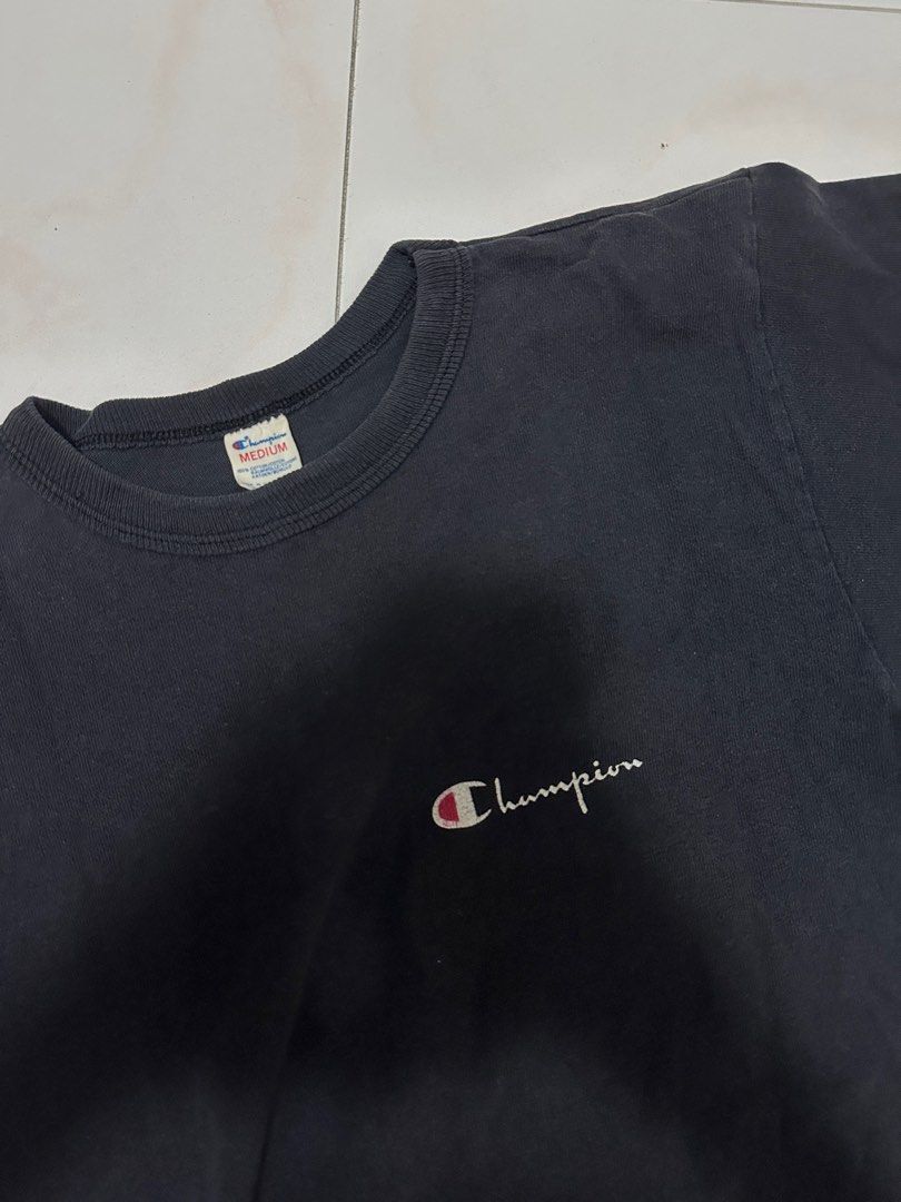 Champion Basic Logo Tee (Category: Shirts) located in Singapore. Submitted by blacksesamewaffles (Listing ID 1383062107, Image 3). Description: vintage / thrifted from bkk! colour's really pretty irl - not the usual black :) would look so cute styled with mini shorts/skorts +$2.50 for singpost normal mailing.