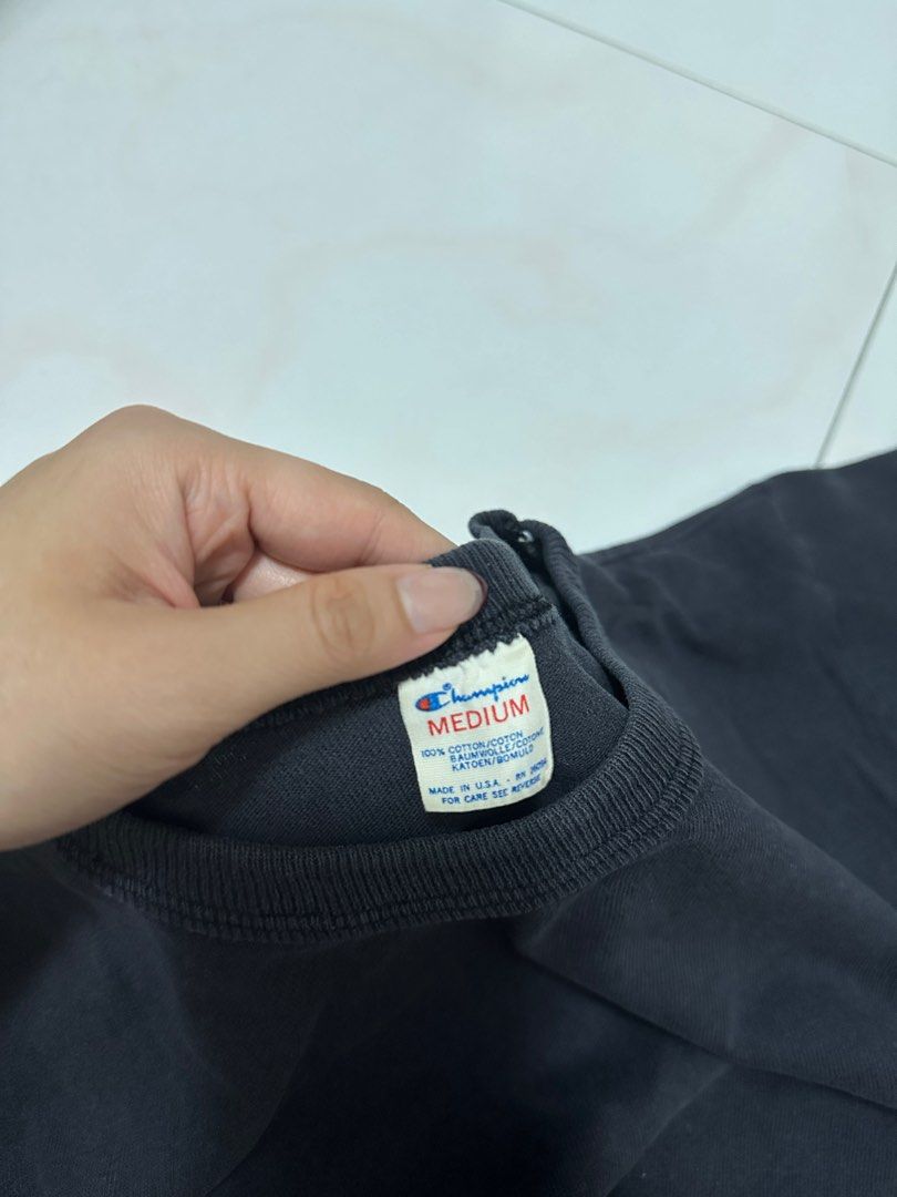Champion Basic Logo Tee (Category: Shirts) located in Singapore. Submitted by blacksesamewaffles (Listing ID 1383062107, Image 2). Description: vintage / thrifted from bkk! colour's really pretty irl - not the usual black :) would look so cute styled with mini shorts/skorts +$2.50 for singpost normal mailing.