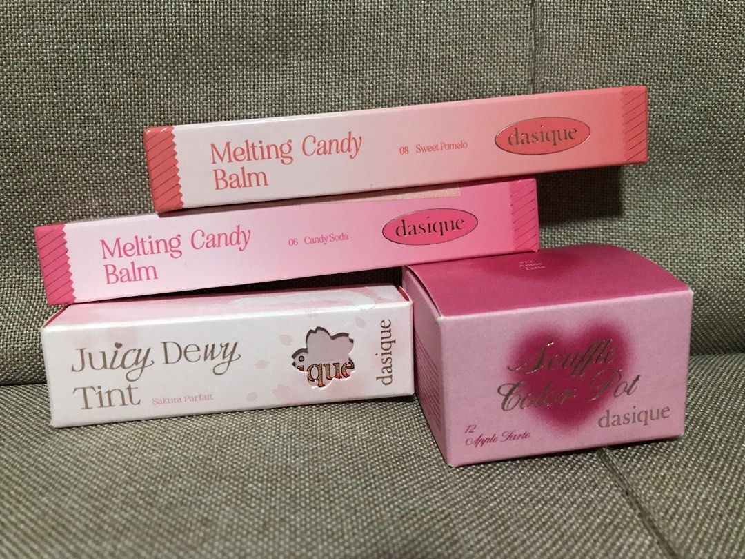 Dasique Makeup Bundle (Category: Makeup) located in Cainta. Submitted by thestyleloop (Listing ID 1383043820, Image 1). Description: Souffle Color Pot - Apple Tarte Melting Candy Balm - Candy Soda & Sweet Pomelo Juicy Dewy Tint - Sakura Parfait (has slight tear on the box).