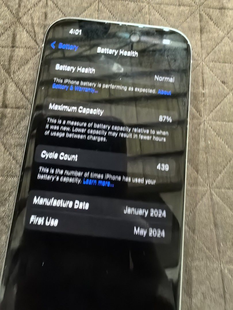 Iphone 15 Pro 128GB FU (Category: iPhone 15 Series) located in Makati City. Submitted by zozobear (Listing ID 1383022397, Image 3). Description: 100℅ working condition 87℅ BH FU 128GB no dents no scratches unit cable only no repair history.