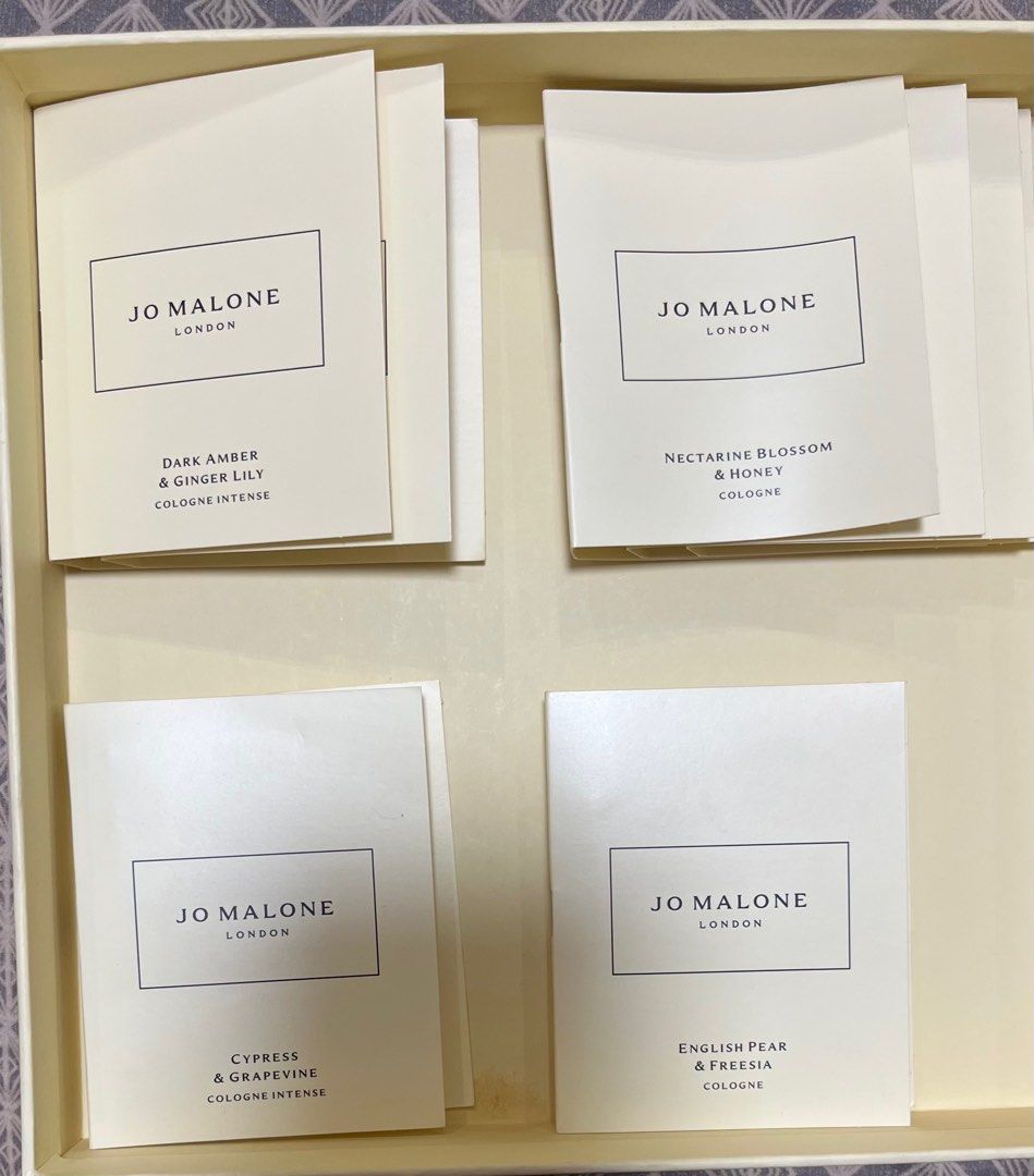 Jo Malone vials 1.5ml (Category: Fragrance & Deodorants) located in Valenzuela. Submitted by polchipreloveditems (Listing ID 1382958321, Image 1). Description: Jo Malone Vials 1.5ml Available scents 2 pcs Dark Amber and Lily 2pcs Nectarine Blossom 1 pc Cypress and Grapevine 4 pcs English Pear and Freesia - 3 no box 2pcs Wild Bluebell - no box 1 pcPoppy and Barley 3 pcs Wood sage and sea salt - no box .