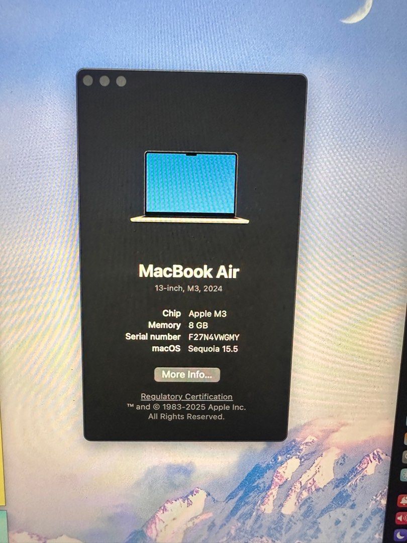 Macbook air M3 13 256gb cycle count 53 (Category: Laptops & Notebooks) located in Manila. Submitted by brielliant (Listing ID 1383007688, Image 2). Description: Selling my macbook air M3 13” 2024 model 256gb storage 8gb memory Selling with the box, charge and cord All original Purchase date: May 2024 Cycle count 53 as of this posting Used lightly Lady owned No dents appearance 9.5/10 Will remove protective stickers for the the next user For meetu