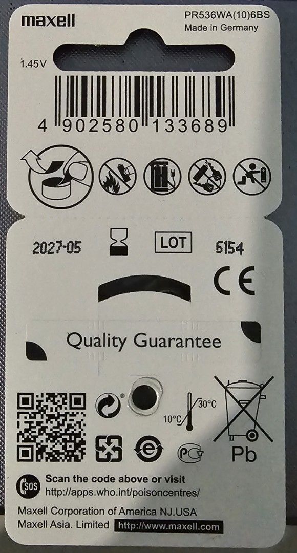 Maxell PR536 battery (Category: Medical Supplies & Tools) located in Manila. Submitted by celticslegend33 (Listing ID 1382894412, Image 2). Description: Brand new. Commonly used in hearing aids. Zinc-air button battery, size 10 model Nominal Voltage 1.45v 5.8mm diameter x 3.6mm height Made in Germany Pick up: J. Ruiz LRT2 SM Mezza or Sta. Mesa.