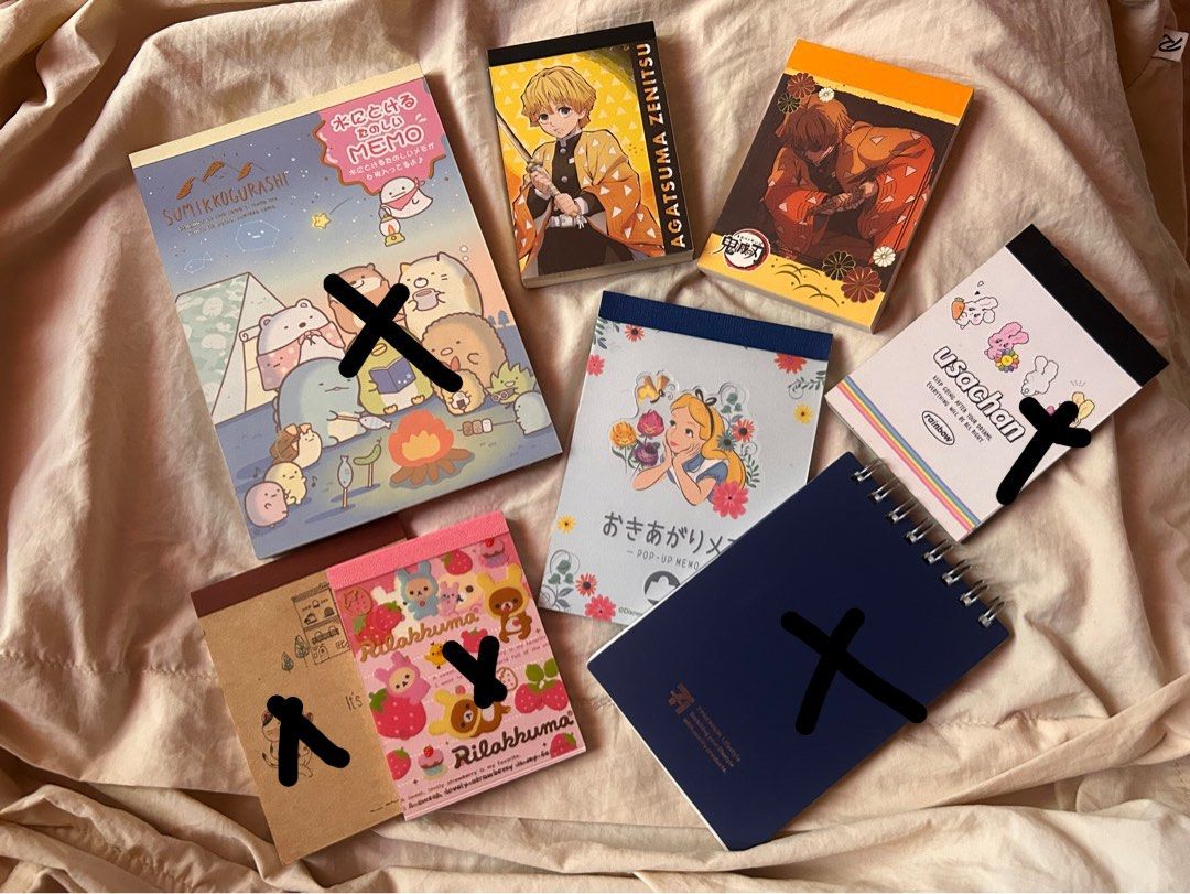 Notepads from Japan (Category: Stationery & School Supplies) located in Pinamalayan. Submitted by _dragonfly (Listing ID 1379738203, Image 1). Description: Sumikko Gurashi (4 designs) - 180 ❌ Zenitsu (2 designs) - 100 each Alice in wonderland (1 design)- 70 Usachan (2 designs) - 50 ❌ 7/11 - 30 Rilakuma (2 designs) - 50 ❌ Brown - 20 Baguette - 20 Pink to-do list - 100 brown small notebook - 20 take all: 450.