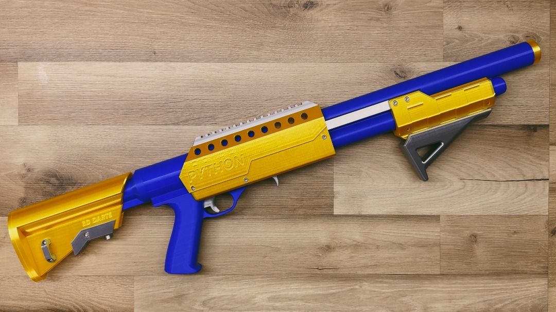 PRE ORDER - Nerf Python Hardware Kit (Category: Toys & Games) located in Singapore. Submitted by pf_nerf (Listing ID 1382955950, Image 2). Description: CURRENTLY PRE ORDER- HARDWARE COMING END AUGUST Licensed hardware kits for the Nerf Python kits by 3D Darts - https://www.printables.com/model/1362433-python-mag-fed-pump-action-blaster Upgraded metal PT as default in this kit, 36x38x130mm. Plunger and rambase files have been edited slightly for t