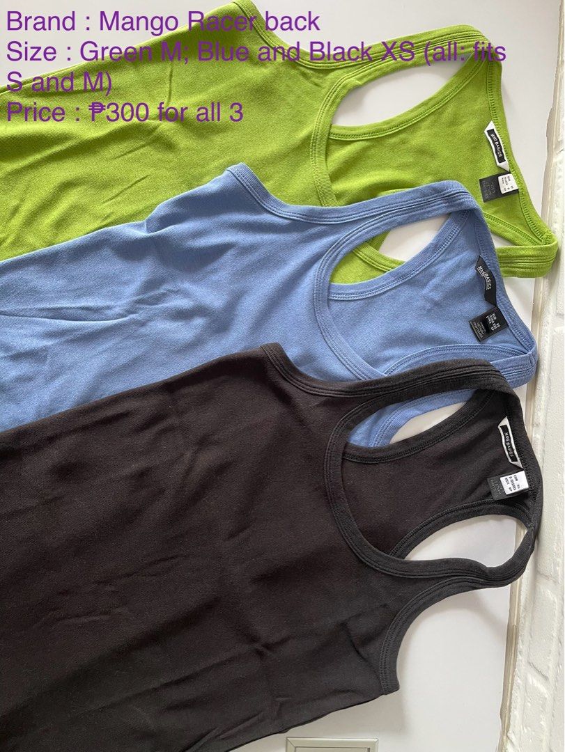 Pre-loved Mango (Category: Sleeveless) located in Taguig. Submitted by ranunculus2021 (Listing ID 1382892113, Image 1). Description: Preloved Mango racerback Size : Green : M ; Blue & Black : S (all fits S and M) SF : to be arranged and shouldered by buyer 📍BGC, Taguig MOP : Gcash/Maya .
