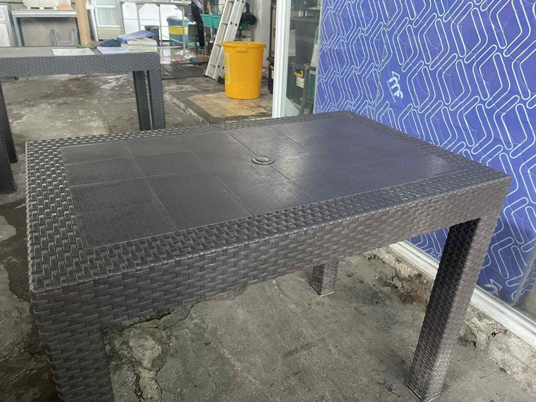 Rattan plastic dining table (Category: Tables & Sets) located in Makati City. Submitted by xaannee (Listing ID 1383001149, Image 1). Description: 2pcs nlng available Dimensions: LxWxH cm 92.52 X 60.96 X 73.66 Pick up at makati .