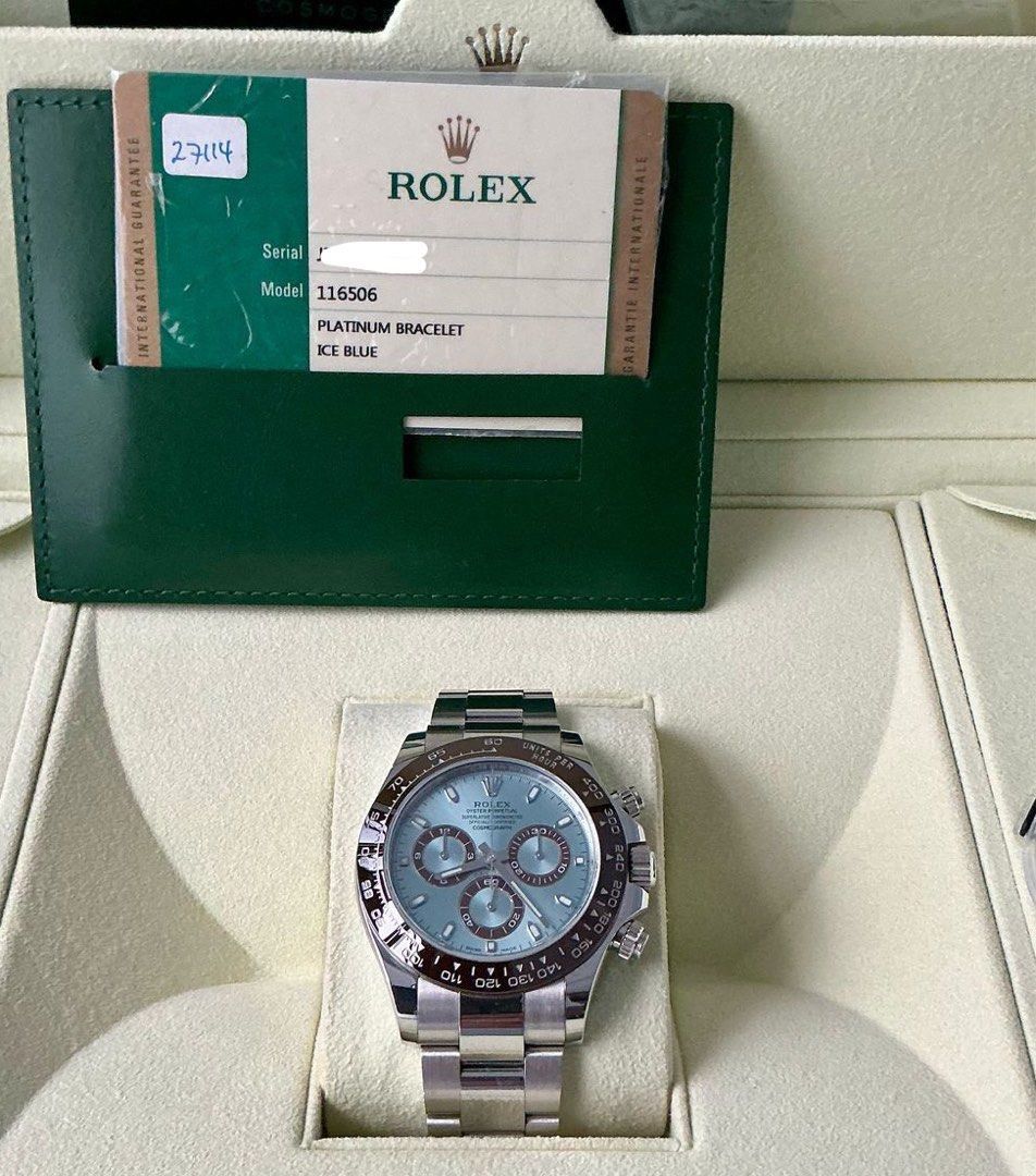 Rolex Daytona Titanium Ice Blue Dial 40mm (Category: Luxury Watches) located in Quezon City. Submitted by j9189 (Listing ID 1382919897, Image 2). Description: ROLEX DAYTONA PLATINUM Ice Blue Dial 40mm Ref#-116506 2016 model With box & papers Good condition .