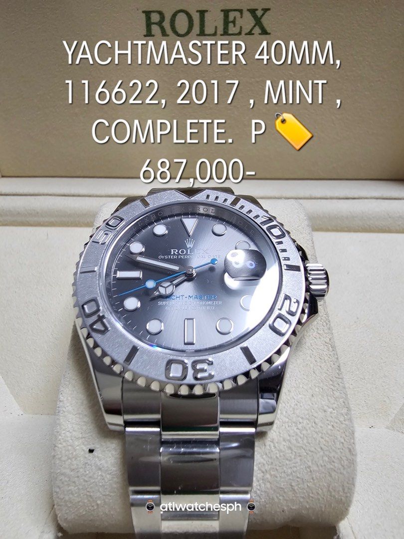 Rolex Yacht-Master 40 (Category: Luxury Watches) located in Makati City. Submitted by edgeman168 (Listing ID 1382911111, Image 1). Description: Basic Info Listing code: OO2571 Brand: Rolex Model: Yacht-Master 40 Reference number: 116622 Movement: Automatic Case material: Steel Bracelet material: Steel Year of production: 2017 Condition Mint and Complete.