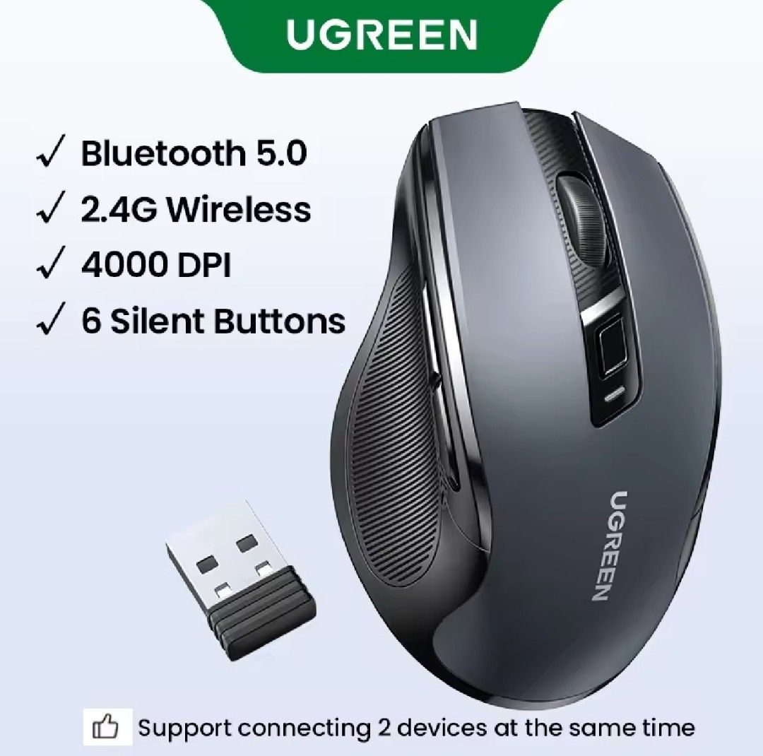 UGREEN Wireless Mouse, 6 Silent Buttons, Bluetooth 5.0 and 2.4G Wireless with USB Mini Receiver, 5 Level DPI Setting 4000DPI, Ambidextrous PC / Mac /Linux Laptop