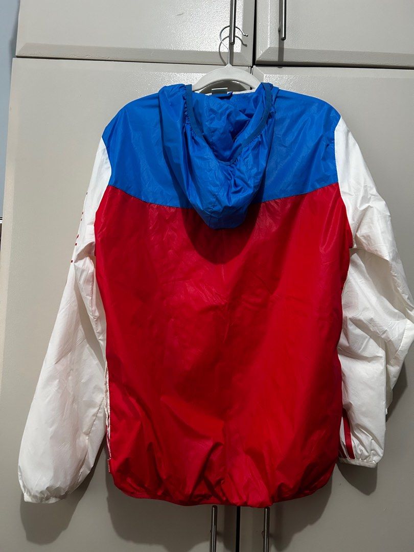 Adidas Neo Windbreaker jacket (white, blue, red) (Category: Coats, Jackets and Outerwear) located in Taguig. Submitted by declutteringbyjulia (Listing ID 1383073833, Image 2). Description: Windbreaker in red, white, and blue colorway Medium to Large frame 5'8" model .