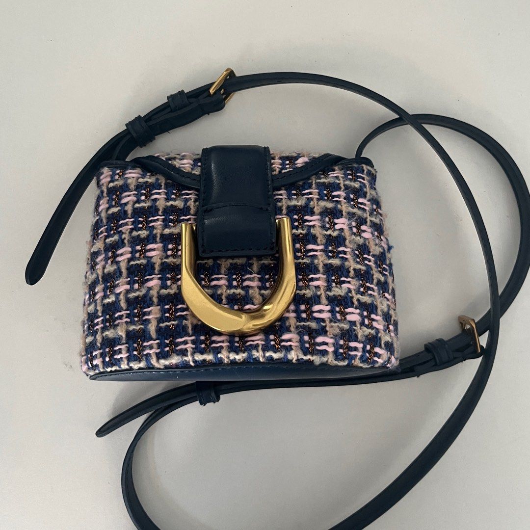 Charles Keith Navy Gabine Tweed Bucket Bag, Women's Fashion