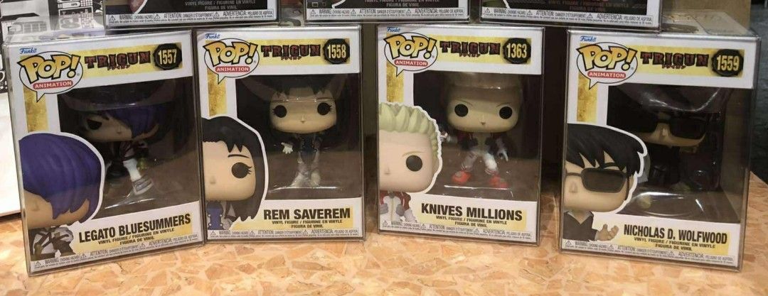 Funko pops TRIGUN Set (Category: Figurines & Statues) located in Quezon City. Submitted by n1elqqqq (Listing ID 1383181852, Image 1). Description: Selling Funko Pop w, boss protector TRIGUN; Rem Saverem - 500php Nicholas D. Wolfwood - 500php Legato Bluesummers - 500php Knives Millions - 500php - take all 1,600php Meetups: Cubao, Sm.stamesa Courier: Lalamove, LBC.