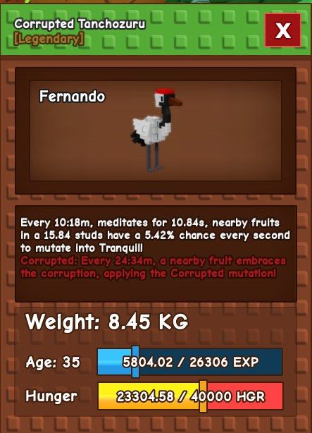 Grow a Garden Corrupted Tanchozuru (Category: In-Game Products) located in Las Pinas. Submitted by charlsssb (Listing ID 1383261047, Image 2). Description: Grow a Garden Corrupted Tanchozuru Over powered pet this update. Can give tranquil and corrupted mutation at the same time. For only ₱50 Dm for inquiries..