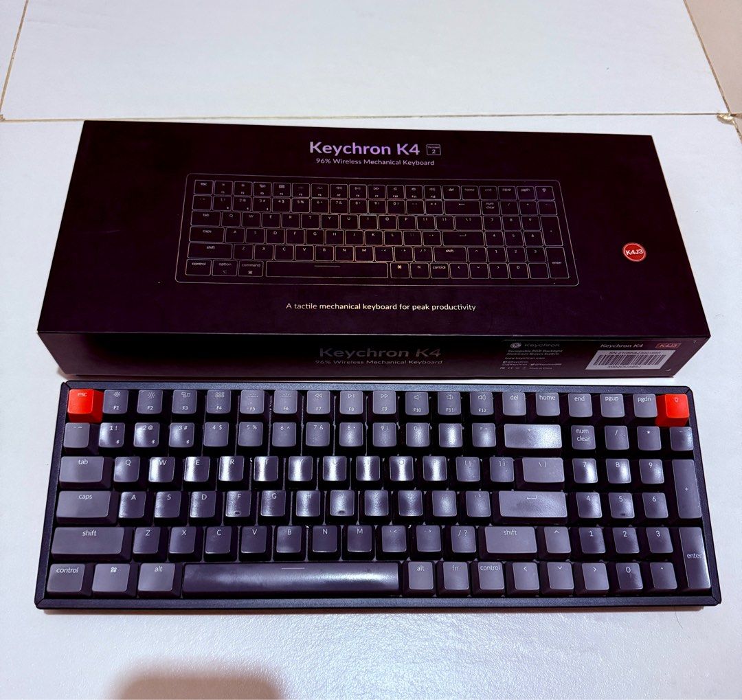 Keychron K4 Ver 2 (Category: Computer Keyboard) located in Taytay. Submitted by techie01 (Listing ID 1383178901, Image 1). Description: Creamy yellow switches except for tab key naka brown switch. With extra creamy yellow switches (wala lang sa photos) With free acryclic cover na po worth almost 1k. Issue: Short battery life, can be used for 4-5 hrs wirelessly with rgb, longer batt life if off rgb. Need na palitan battery per keychron wala na ako