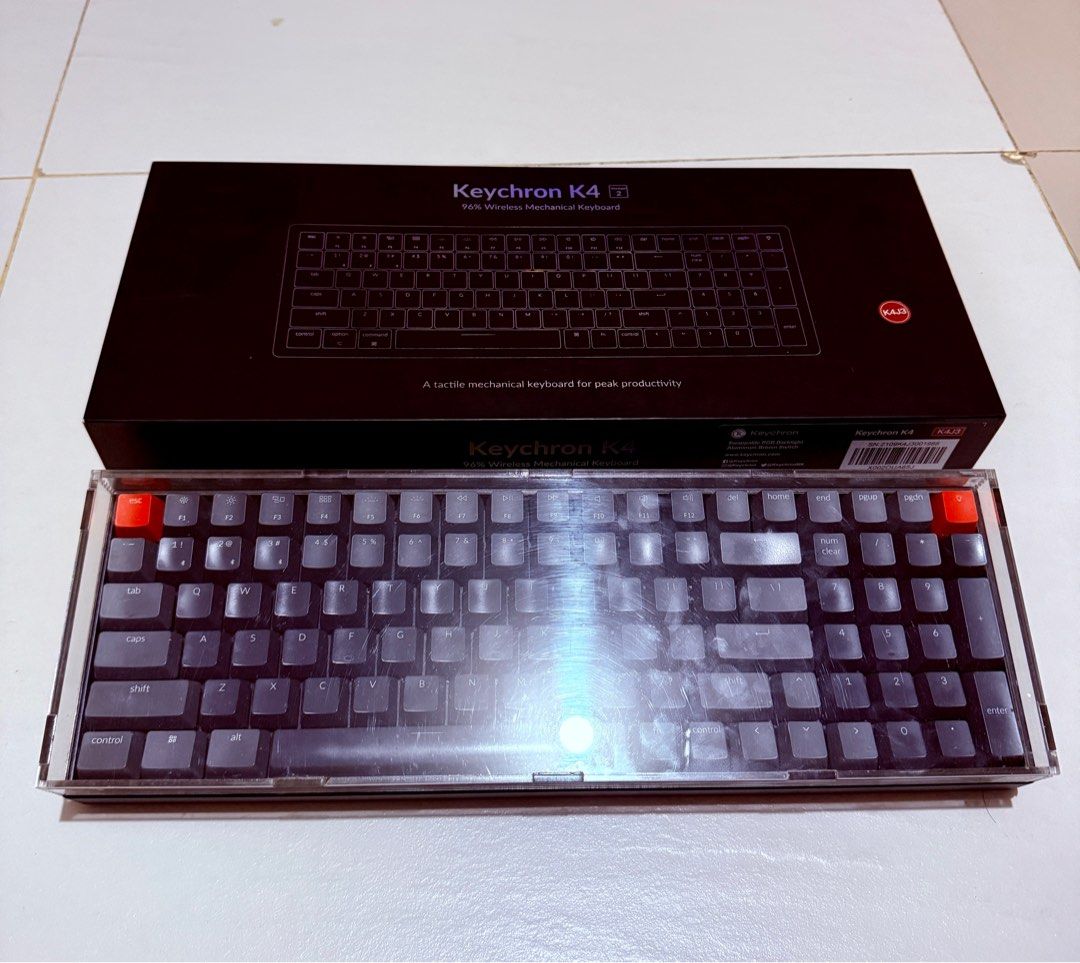 Keychron K4 Ver 2 (Category: Computer Keyboard) located in Taytay. Submitted by techie01 (Listing ID 1383178901, Image 2). Description: Creamy yellow switches except for tab key naka brown switch. With extra creamy yellow switches (wala lang sa photos) With free acryclic cover na po worth almost 1k. Issue: Short battery life, can be used for 4-5 hrs wirelessly with rgb, longer batt life if off rgb. Need na palitan battery per keychron wala na ako