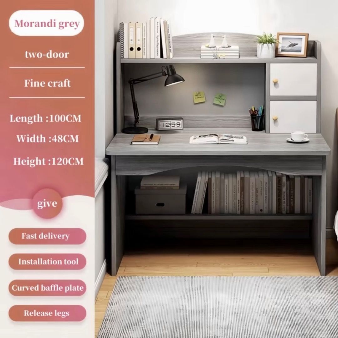 Modern Grey Study Desk | Desk With Upper Shelf | Bookshelf Workstation ...