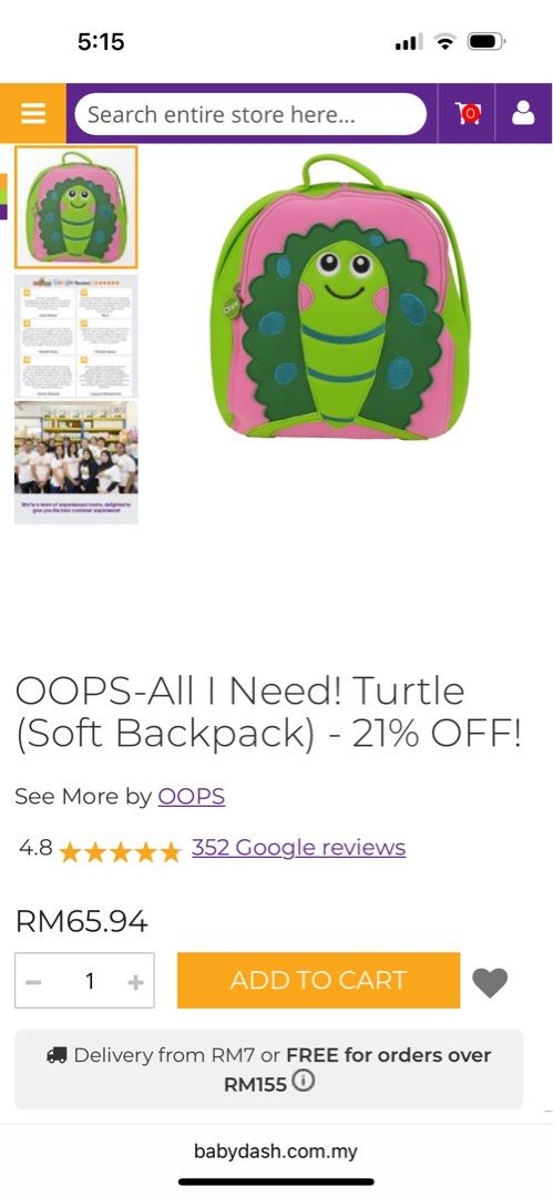 OOPS-All I Need! Turtle (Soft Backpack for kid) (Category: Diaper Bags & Wetbags) located in Kuala Lumpur. Submitted by like2shopoo (Listing ID 1383169777, Image 2). Description: Never use before.