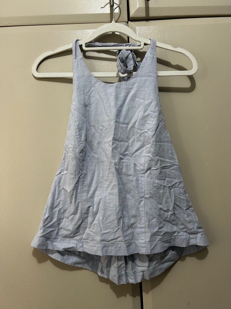 Powder Blue Linen Halter Top (with back garter) (Category: Others Tops) located in Taguig. Submitted by declutteringbyjulia (Listing ID 1383074557, Image 2). Description: Powder blue/periwinkle halter top, no sweats visible, .
