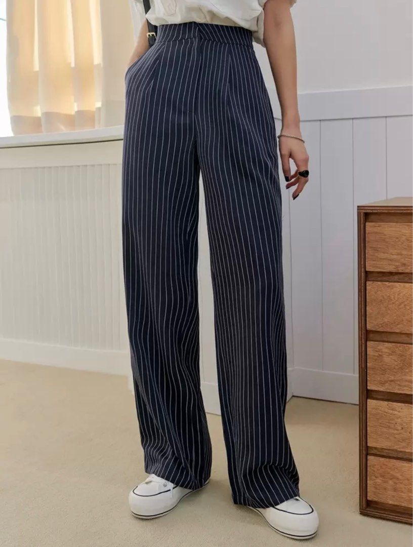 SHEIN High Waist Vertical Striped Tailored Pants (Category: Other Bottoms) located in Manila. Submitted by quasohn (Listing ID 1383200988, Image 1). Description: !! LAST PRICE !! Condition: 10/10 RFS: decluttering - used thrice only Product Measurement: MEDIUM Length:39.8 inch, Waist Size:27.6 inch, Hip Size:37.8 inch, Thigh:25.2 inch .